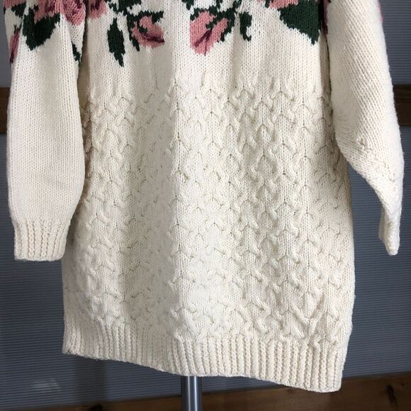 HANDMADE Wool Blend Cream Fisherman Crewneck Cable Knit Sweater Floral Sz M/L/XL - Picture 3 of 6